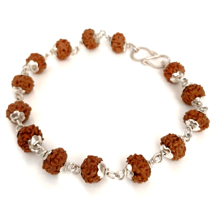 6 Mukhi Rudraksha Bracelet with Silver Caps and Links | Six faced Rudraksha Silver Bracelet | Original & Energised 7mm Beads of 6 / Six Mukhi