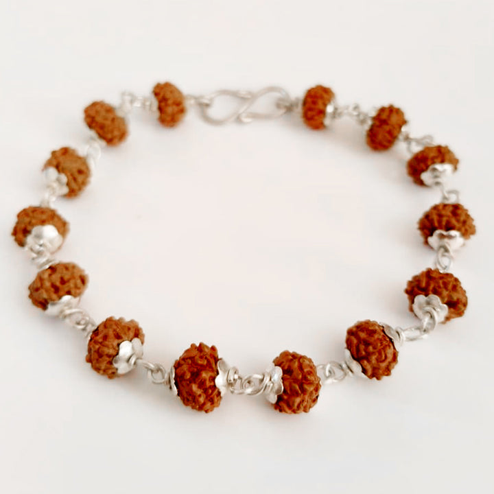 6 Mukhi Rudraksha Bracelet with Silver Caps and Links | Six faced Rudraksha Silver Bracelet | Original & Energised 7mm Beads of 6 / Six Mukhi