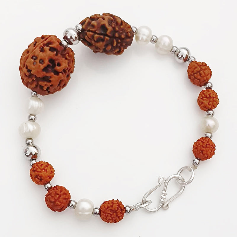 Cancer Zodiac Sun Sign Bracelet | Kark ( Karka ) Rashi Bracelet | A Combination of 2 Mukhi Rudraksha Bead and 3 Mukhi Rudraksha Bead with Pearl Gemstone Beads | Energised Bracelet
