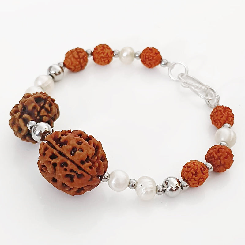 Cancer Zodiac Sun Sign Bracelet | Kark ( Karka ) Rashi Bracelet | A Combination of 2 Mukhi Rudraksha Bead and 3 Mukhi Rudraksha Bead with Pearl Gemstone Beads | Energised Bracelet