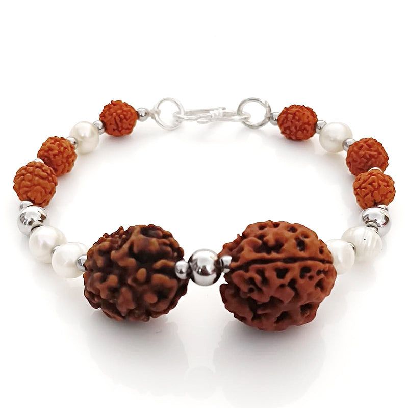 Cancer Zodiac Sun Sign Bracelet | Kark ( Karka ) Rashi Bracelet | A Combination of 2 Mukhi Rudraksha Bead and 3 Mukhi Rudraksha Bead with Pearl Gemstone Beads | Energised Bracelet