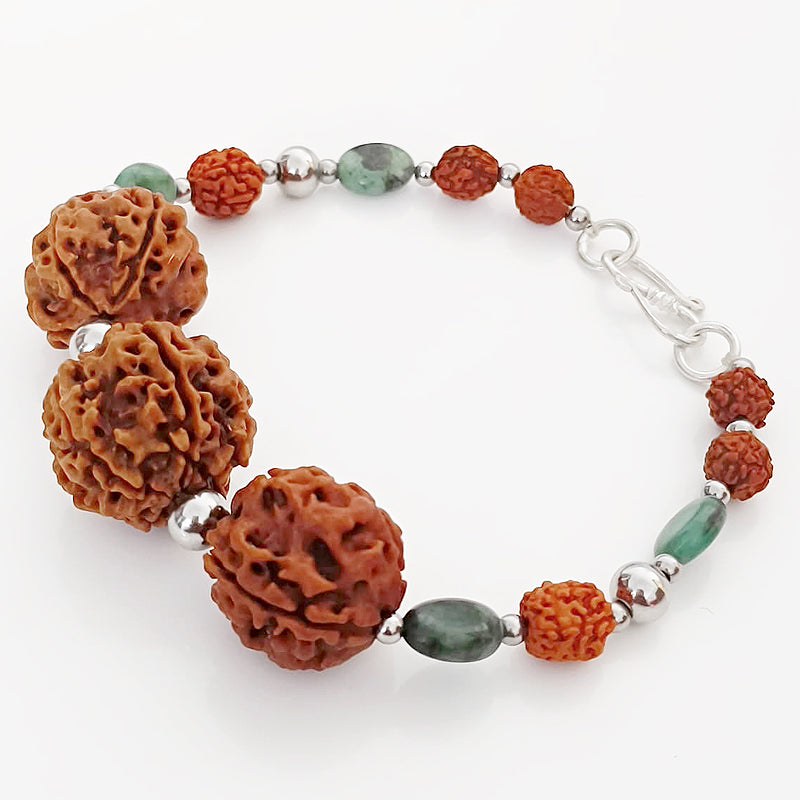 Gemini Zodiac Sun Sign Bracelet | Mithun ( Mithuna ) Rashi Bracelet | A Combination of 4 Mukhi Rudraksha and 6 Mukhi Rudraksha Bead with Emerald Gemstone Beads | Energised Bracelet