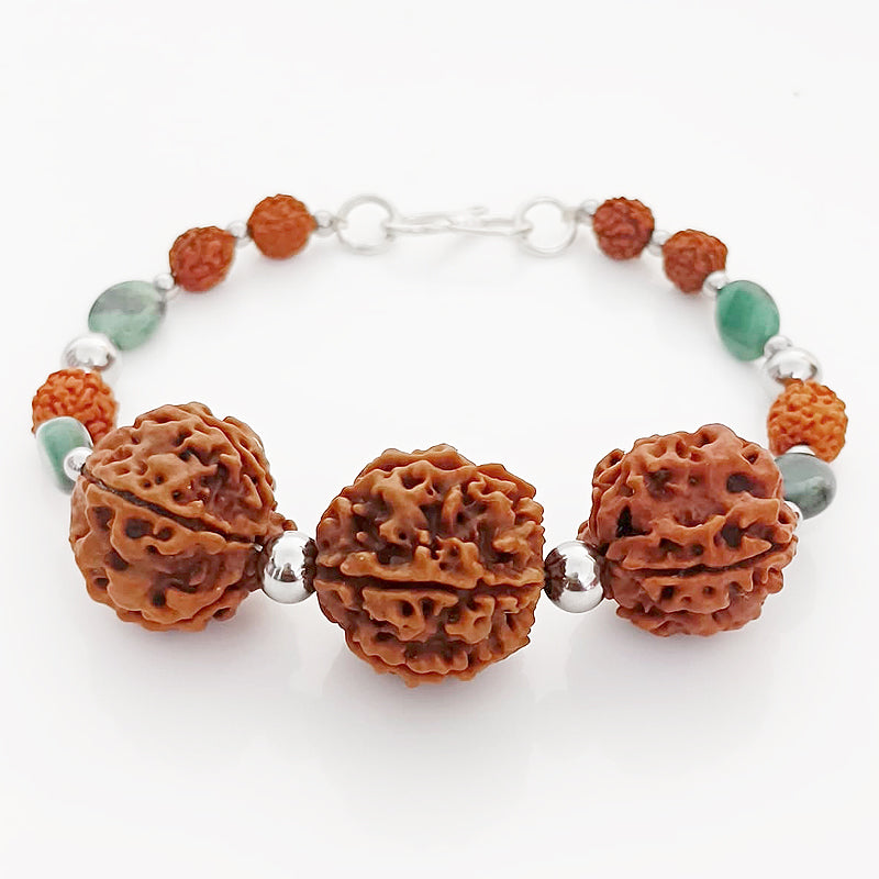 Gemini Zodiac Sun Sign Bracelet | Mithun ( Mithuna ) Rashi Bracelet | A Combination of 4 Mukhi Rudraksha and 6 Mukhi Rudraksha Bead with Emerald Gemstone Beads | Energised Bracelet