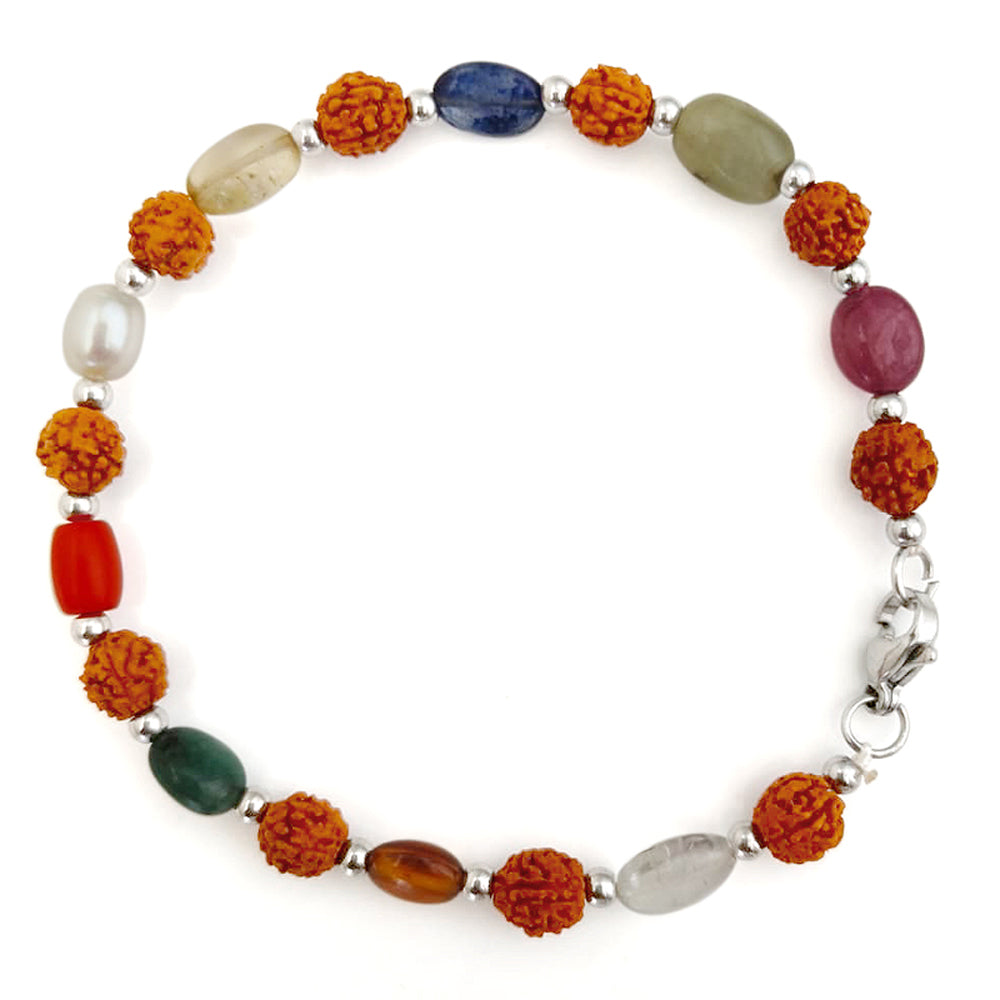 Rudraksha Navratna Bracelet with Stainless Steel Accessories, 9 Gemstone Bracelet | Navgrah Stone Bracelet, Ruby, Pearl, Coral, Emerald, Golden Topaz, Sphatik, Blue Sapphire, Gomed & Cat's Eye
