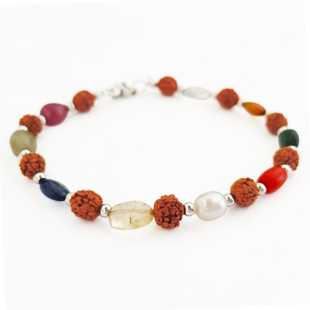 Rudraksha Navratna Bracelet with Stainless Steel Accessories, 9 Gemstone Bracelet | Navgrah Stone Bracelet, Ruby, Pearl, Coral, Emerald, Golden Topaz, Sphatik, Blue Sapphire, Gomed & Cat's Eye