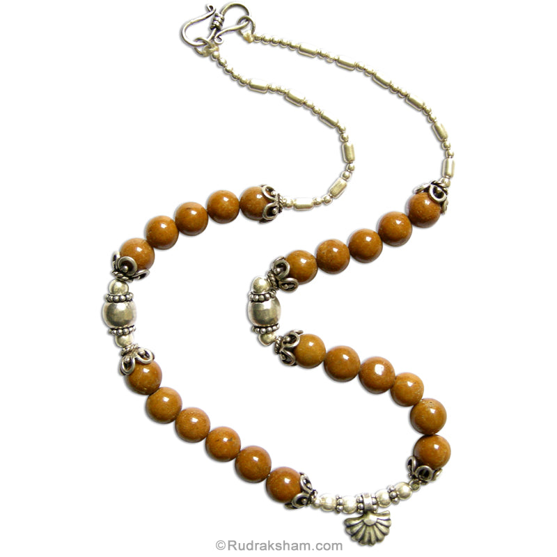 Natural Camel Agate Gemstone Necklace | Yellow Camel Agate ( Hakik ) Smooth round Beads mala Necklace with silver accessories