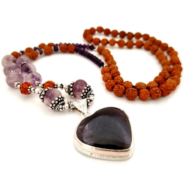 Amethyst and Rudraksha Beads Necklace | Amethyst Button Beads, Rudraksha Necklace with Silver Accessories and an Amethyst stone Heart Pendant