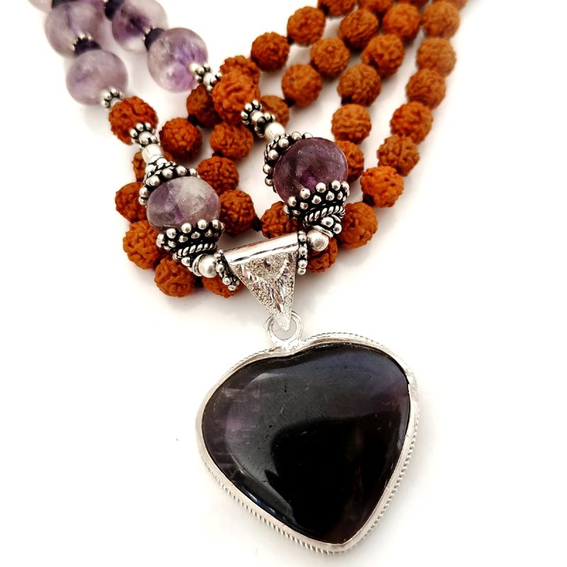 Amethyst and Rudraksha Beads Necklace | Amethyst Button Beads, Rudraksha Necklace with Silver Accessories and an Amethyst stone Heart Pendant