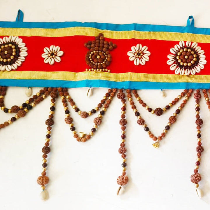 Rudraksham Door Hanging - Bandhanwar, Exclusive Hand Made Toran with Rudraksha Beads, Red Sandalwood Beads, Kaudi / Cowires and Bells