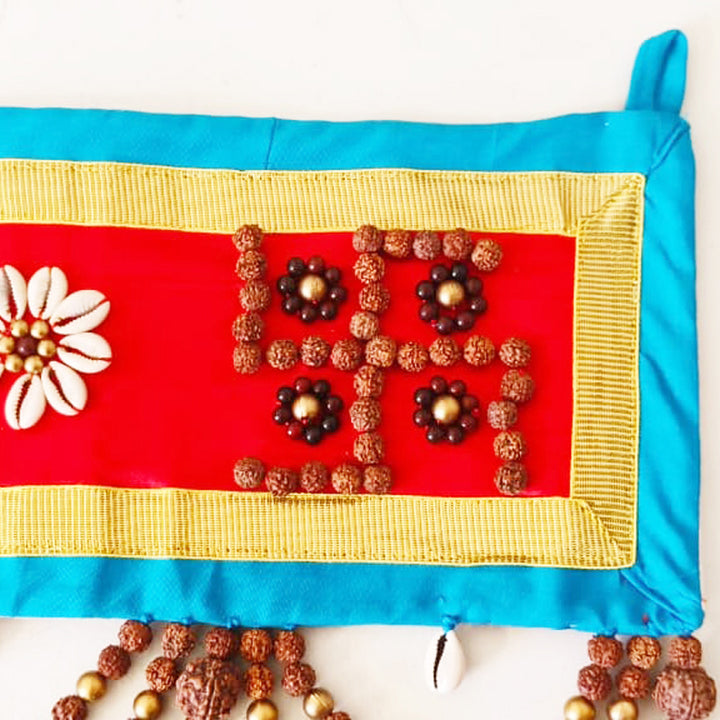 Rudraksham Door Hanging - Bandhanwar, Exclusive Hand Made Toran with Rudraksha Beads, Red Sandalwood Beads, Kaudi / Cowires and Bells