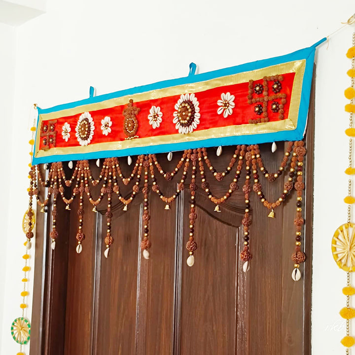 Rudraksham Door Hanging - Bandhanwar, Exclusive Hand Made Toran with Rudraksha Beads, Red Sandalwood Beads, Kaudi / Cowires and Bells