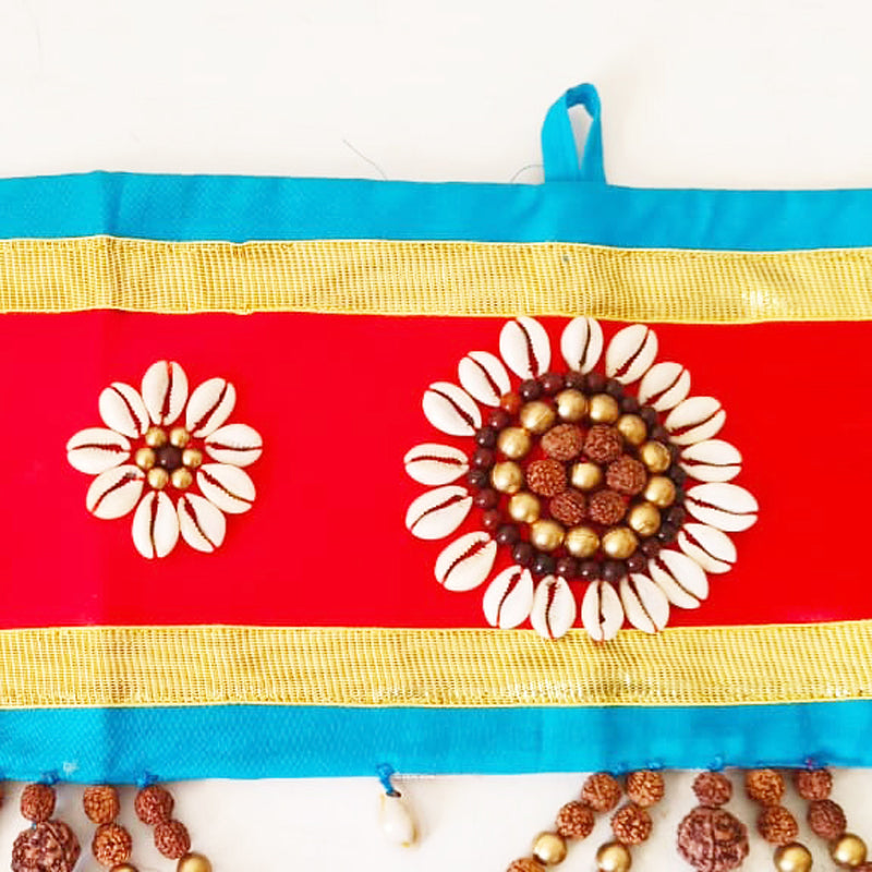 Rudraksham Door Hanging - Bandhanwar, Exclusive Hand Made Toran with Rudraksha Beads, Red Sandalwood Beads, Kaudi / Cowires and Bells