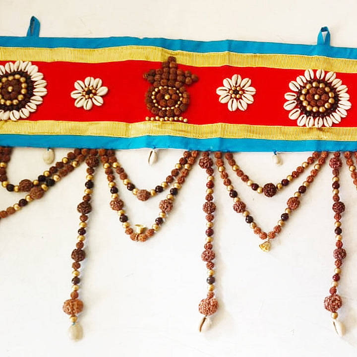 Rudraksham Door Hanging - Bandhanwar, Exclusive Hand Made Toran with Rudraksha Beads, Red Sandalwood Beads, Kaudi / Cowires and Bells