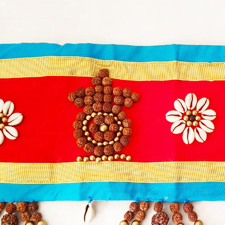 Rudraksham Door Hanging - Bandhanwar, Exclusive Hand Made Toran with Rudraksha Beads, Red Sandalwood Beads, Kaudi / Cowires and Bells