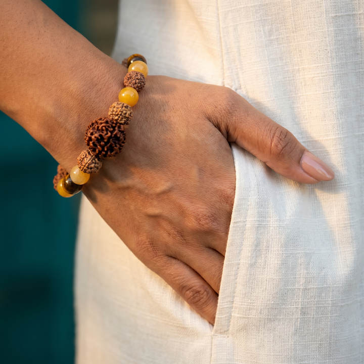 Kuber's Fortune Bracelet: 7 Mukhi Rudraksha, Yellow Aventurine Gemstone & Red Sandalwood Beads
