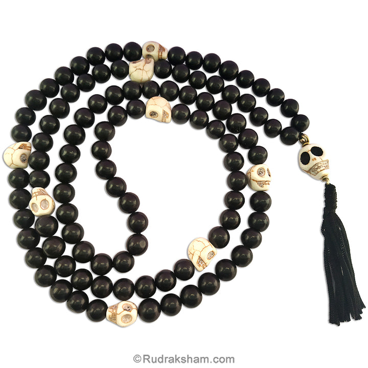 Black Agate Natural Stone Mala with Skull Beads | Original Kali Hakik and Mund ( Narmund ) Mala | Goddess Kali Mala for Protection
