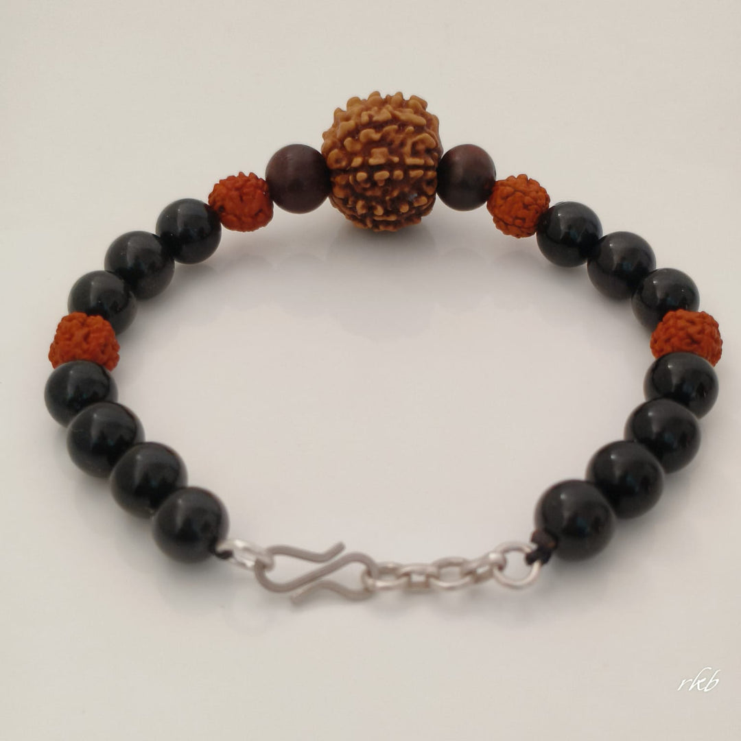 Black Vayu Kavach Bracelet: 8 Mukhi Rudraksha, Black Tourmaline & Red Sandalwood (Clasp)
