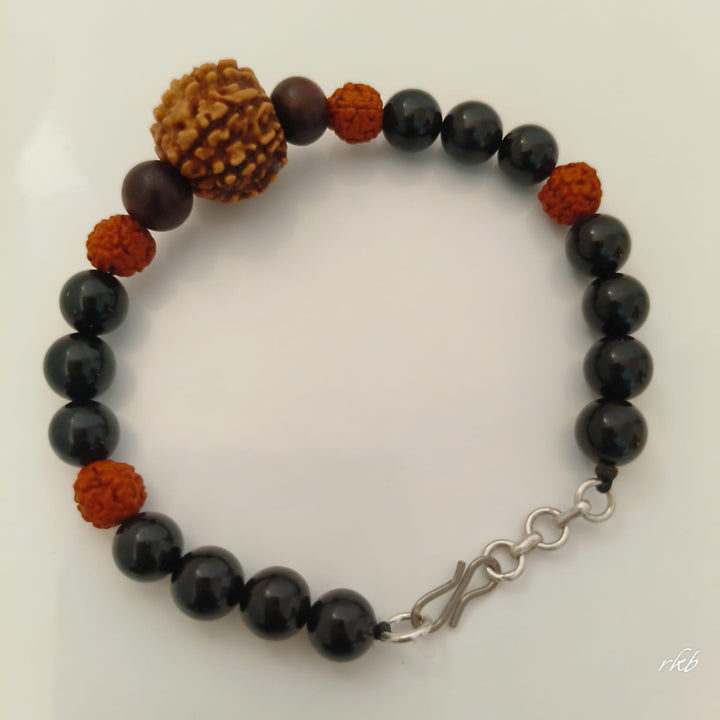 Black Vayu Kavach Bracelet: 8 Mukhi Rudraksha, Black Tourmaline & Red Sandalwood (Clasp)