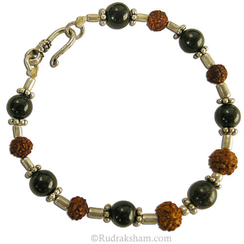 Black Hakik - Agate Gemstone and Rudraksha Beads Bracelet with silver Accessories | Kali Hakik smooth round beads