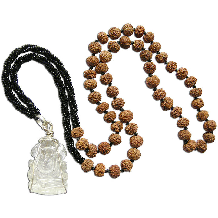 Black Seed Beads Mala with 7 Mukhi Rudraksha Beads for Saturn | 54 Beads of Seven Faced Rudraksha from Java and Sphatik / Crystal Ganesha Pendant in Silver