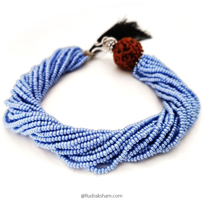 5 Mukhi Rudraksha with Blue Seed Beads Bracelet, Panch Mukhi Rudraksha Mala Bracelet with Seed Beads, Original 5 Mukhi Nepal Rudraksha