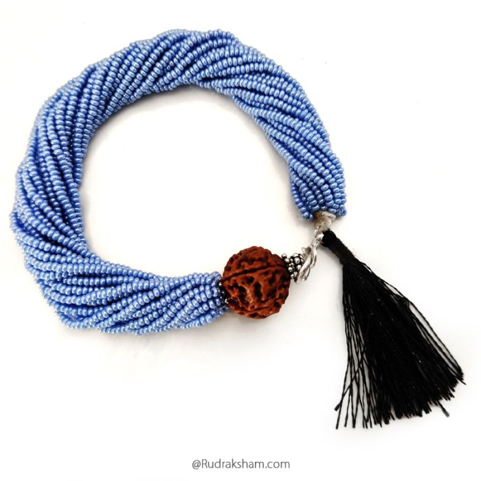 5 Mukhi Rudraksha with Blue Seed Beads Bracelet, Panch Mukhi Rudraksha Mala Bracelet with Seed Beads, Original 5 Mukhi Nepal Rudraksha