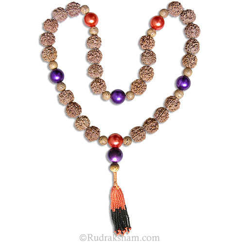 5 Mukhi Rudraksha Beads Mala with Bodhi Beads | Bodhi Beads Mala with Colored Seed Beads Tassel 