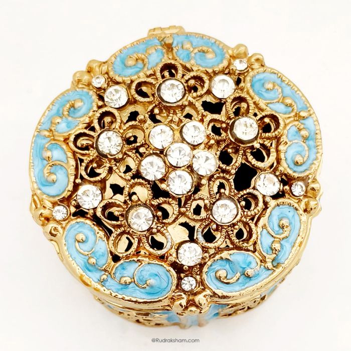 Large Vintage Design Sky Blue Colour Enamel Designer Metal Rudraksha / Trinket Box with Stones | Box for Jewellery and Rudraksha Beads Collection