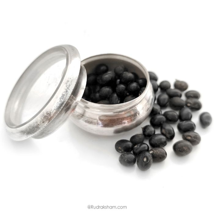 Black Chirmi Beads in Silver Box, Black Gunja Seeds, Kaali Gunja Beads 11, 21, 51 and 71 beads Set in box, To remove Black Magic & Evil, Bring Good Luck and Wealth
