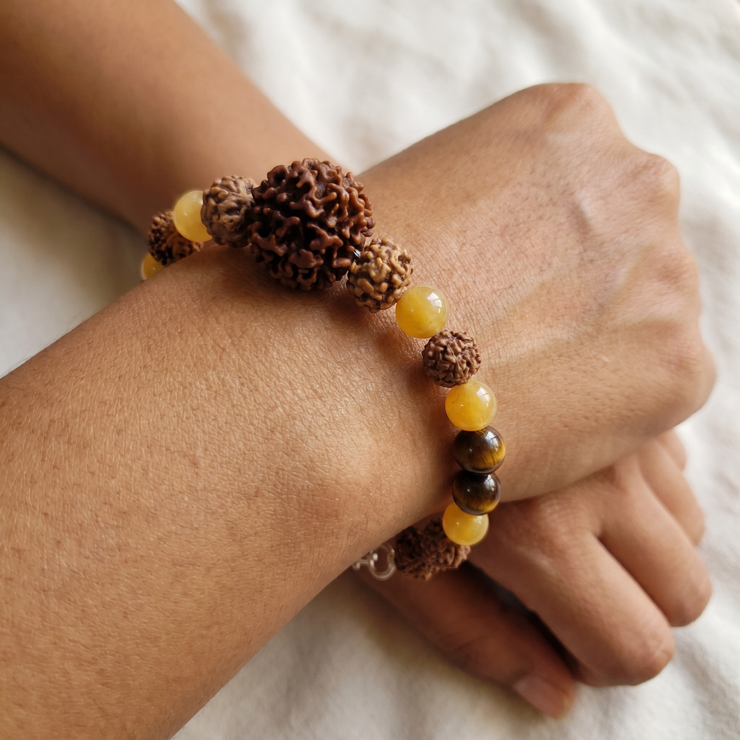Kuber's Fortune Bracelet: 7 Mukhi Rudraksha, Yellow Aventurine Gemstone & Red Sandalwood Beads