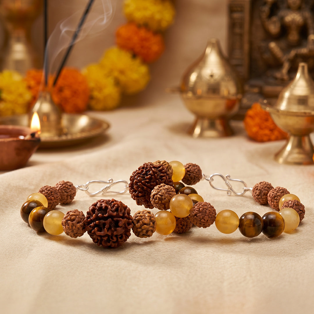 Kuber's Fortune Bracelet: 7 Mukhi Rudraksha, Yellow Aventurine Gemstone & Red Sandalwood Beads