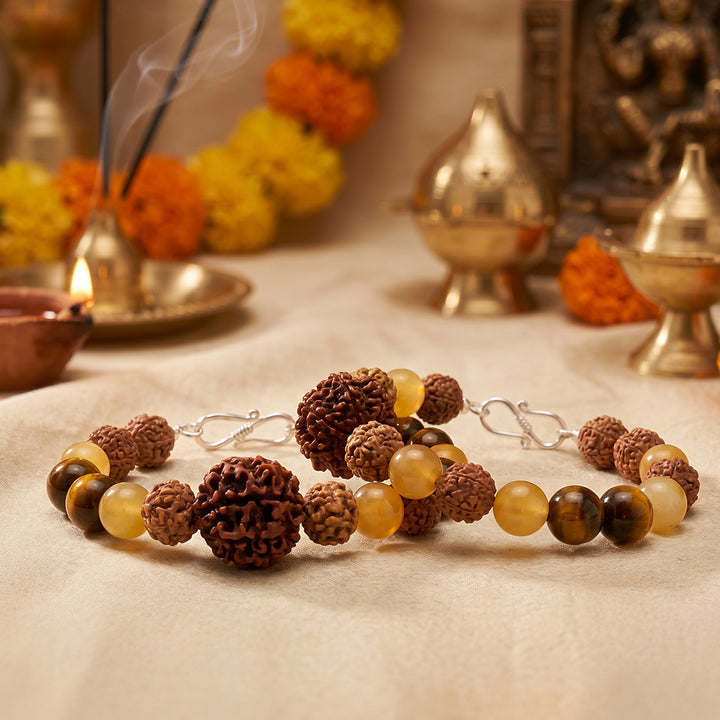 Kuber's Fortune Bracelet: 7 Mukhi Rudraksha, Yellow Aventurine Gemstone & Red Sandalwood Beads