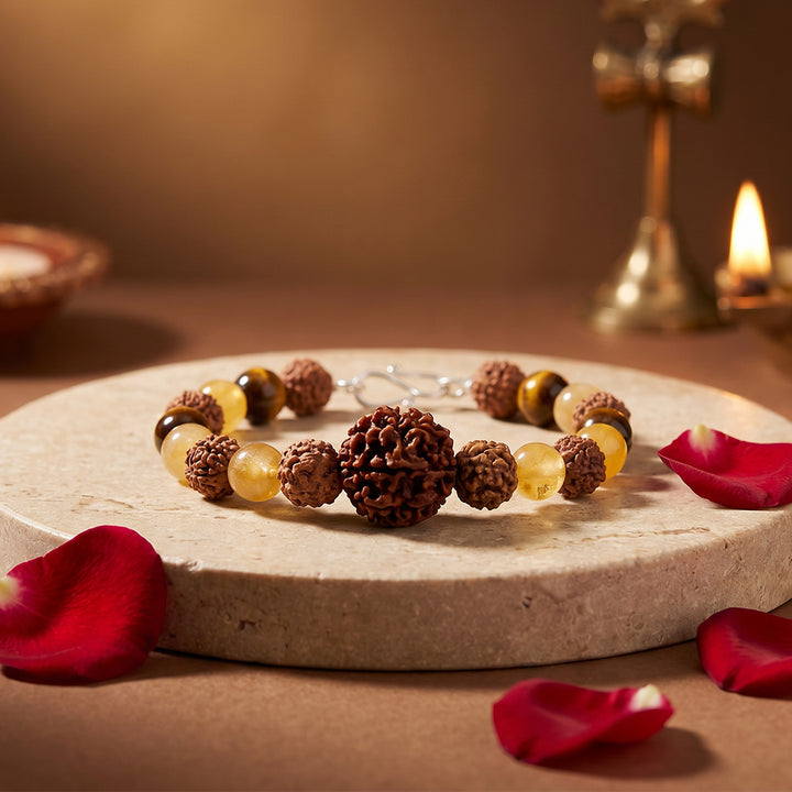 Kuber's Fortune Bracelet: 7 Mukhi Rudraksha, Yellow Aventurine Gemstone & Red Sandalwood Beads