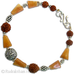 Rudraksha Beads and Orange Cut Stone Silver Bracelet
