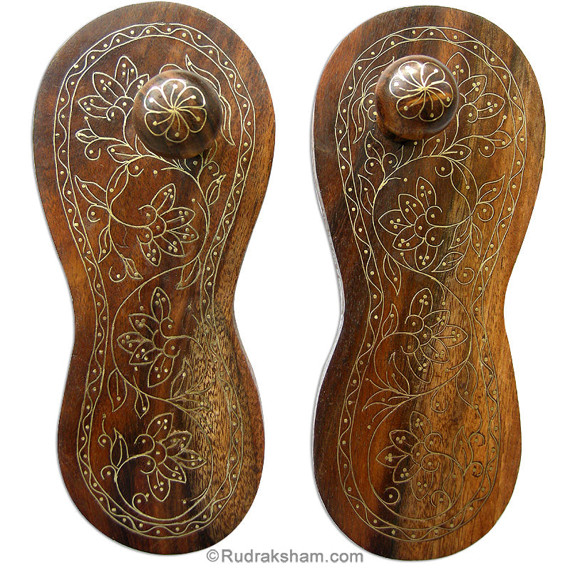  Traditional Wooden Charan Paduka with Brass Inlay Work for Home Temple