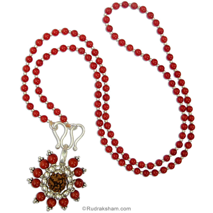  Coral Mala with 3 Mukhi Rudraksha Pendant