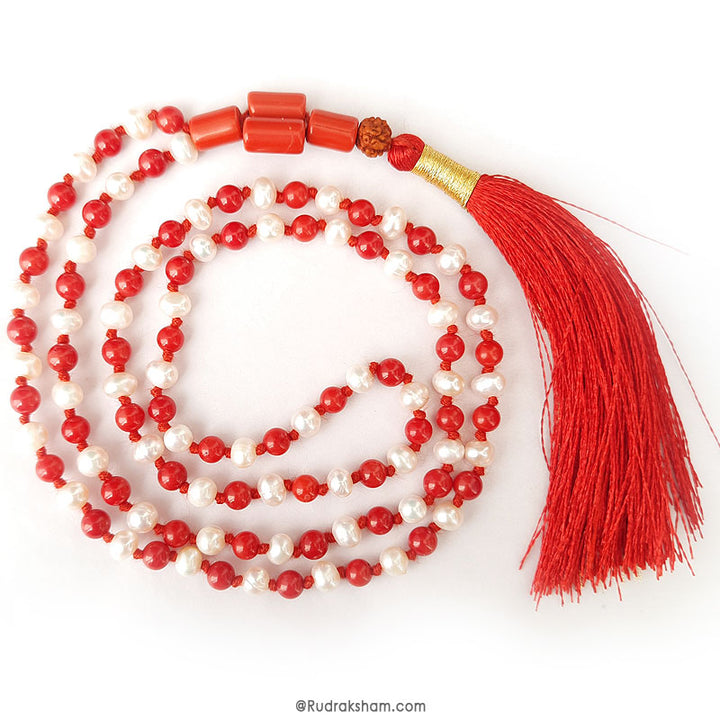 Pearl Coral Mala Thread | Coral Pearl Round Beads Necklace | Pearl and Coral Combination Mala