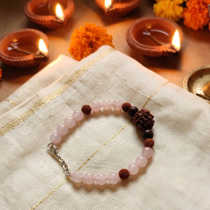 Dampatya Preeti Bracelet: 2 Mukhi Rudraksha & Rose Quartz for Love & Relationship Harmony