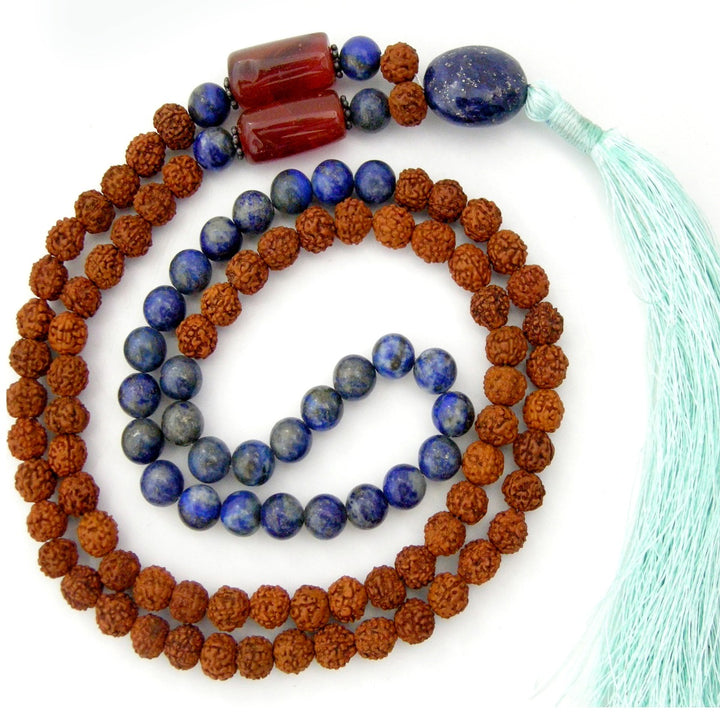 Rudraksha Beads Lapis Lazuli Gemstone and Orange Carnelian Gemstone Beads Healing Mala Necklace | 108 Beads Chakra Mala Rosary with Silver Accessories and Tassel