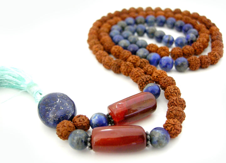 Rudraksha Beads Lapis Lazuli Gemstone and Orange Carnelian Gemstone Beads Healing Mala Necklace | 108 Beads Chakra Mala Rosary with Silver Accessories and Tassel 