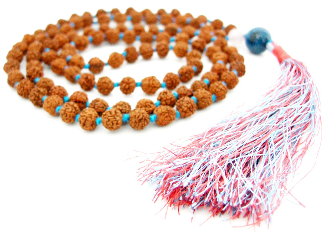 Rudraksha Beads Rose Quartz Crystal Beads and Blue Onyx Gemstone Bead Healing Mala Necklace | 108 Smooth Round Beads Chakra Mala Rosary Hand knotted with Multicolored Silk Tassel