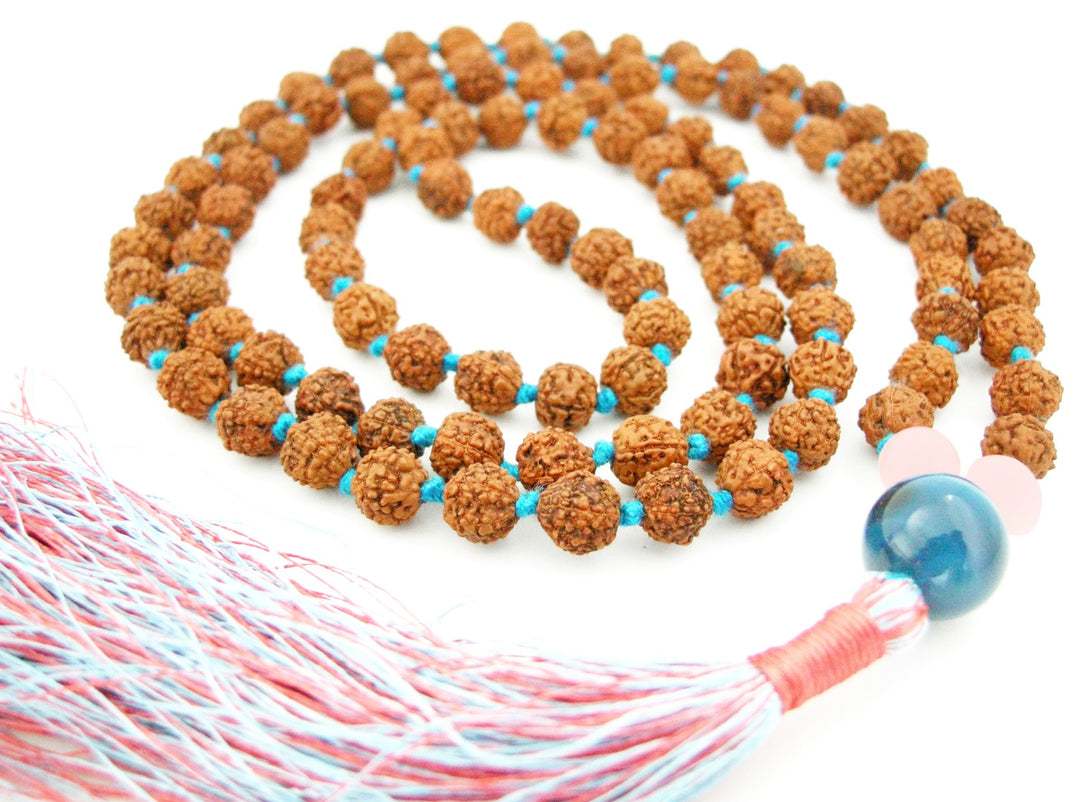 Rudraksha Beads Rose Quartz Crystal Beads and Blue Onyx Gemstone Bead Healing Mala Necklace | 108 Smooth Round Beads Chakra Mala Rosary Hand knotted with Multicolored Silk Tassel