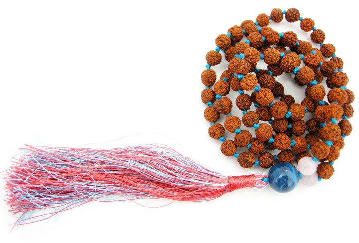 Rudraksha Beads Rose Quartz Crystal Beads and Blue Onyx Gemstone Bead Healing Mala Necklace | 108 Smooth Round Beads Chakra Mala Rosary Hand knotted with Multicolored Silk Tassel