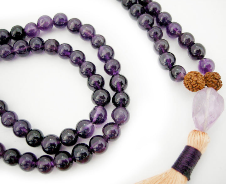 Amethyst Gemstone Beads and Rudraksha Beads Healing Mala Necklace | 108 Smooth Round Beads Chakra Mala Rosary with Silk Tassel and Amethyst Cut stone Sumeru