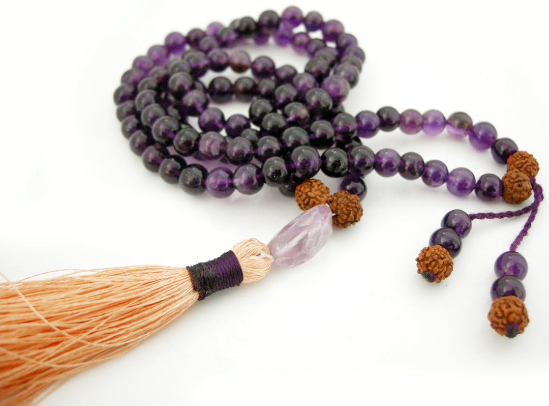 Amethyst Gemstone Beads and Rudraksha Beads Healing Mala Necklace | 108 Smooth Round Beads Chakra Mala Rosary with Silk Tassel and Amethyst Cut stone Sumeru