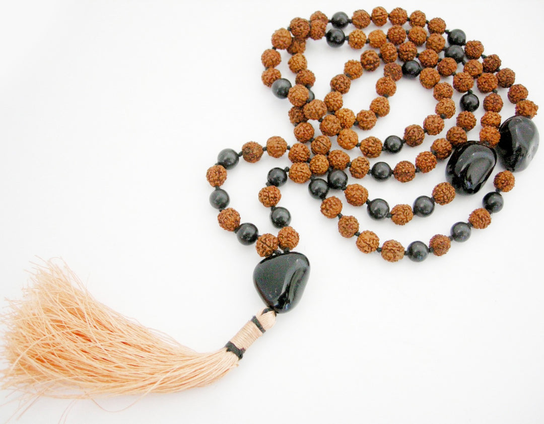 Rudraksha Beads Black Hakik ( Agate ) Beads and Black Onyx Gemstone Beads Healing Mala Necklace | 108 Smooth Round Beads Chakra Mala Rosary Hand knotted with Silk Tassel