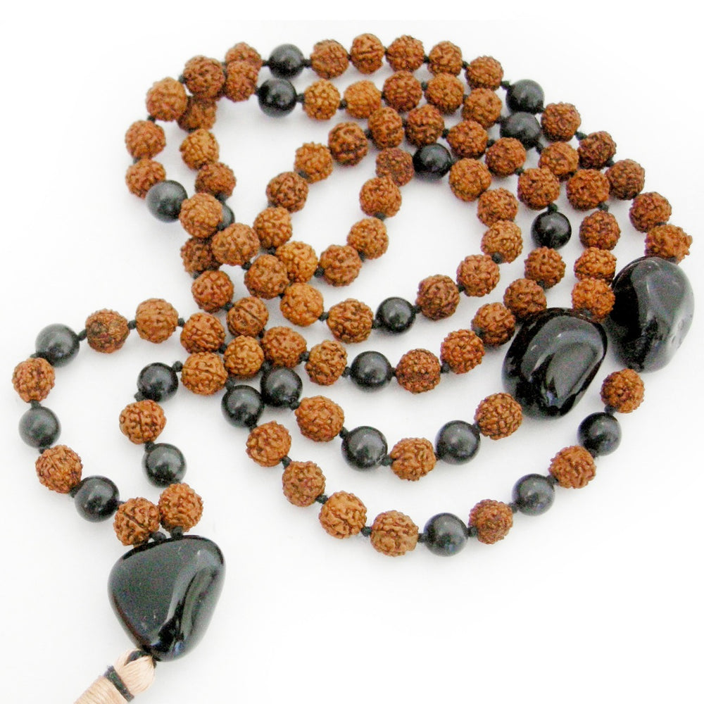 Rudraksha Beads Black Hakik ( Agate ) Beads and Black Onyx Gemstone Beads Healing Mala Necklace | 108 Smooth Round Beads Chakra Mala Rosary Hand knotted with Silk Tassel
