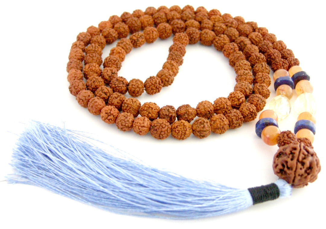  Orange Carnelian Gemstone Beads and Citrine Cut stone Gemstone Beads Healing Mala Necklace with 5 ( Paanch / Five ) Mukhi Rudraksha Bead as Sumeru | Chakra Mala Rosary