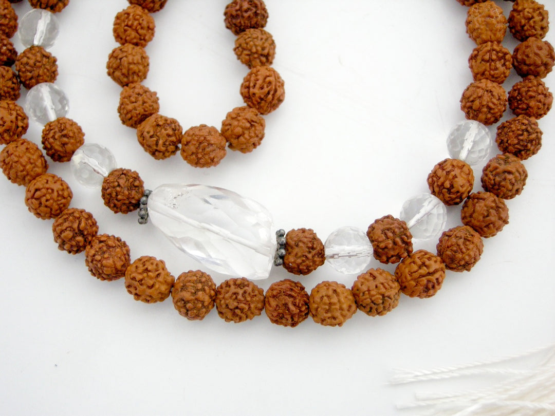 Rudraksha Beads and Sphatik Crystal ( Quartz ) Diamond Cut Gemstone Beads Healing Mala Necklace with 5 ( Paanch / Five ) Mukhi Rudraksha Bead as Sumeru | 108 Beads Chakra Mala Rosary 