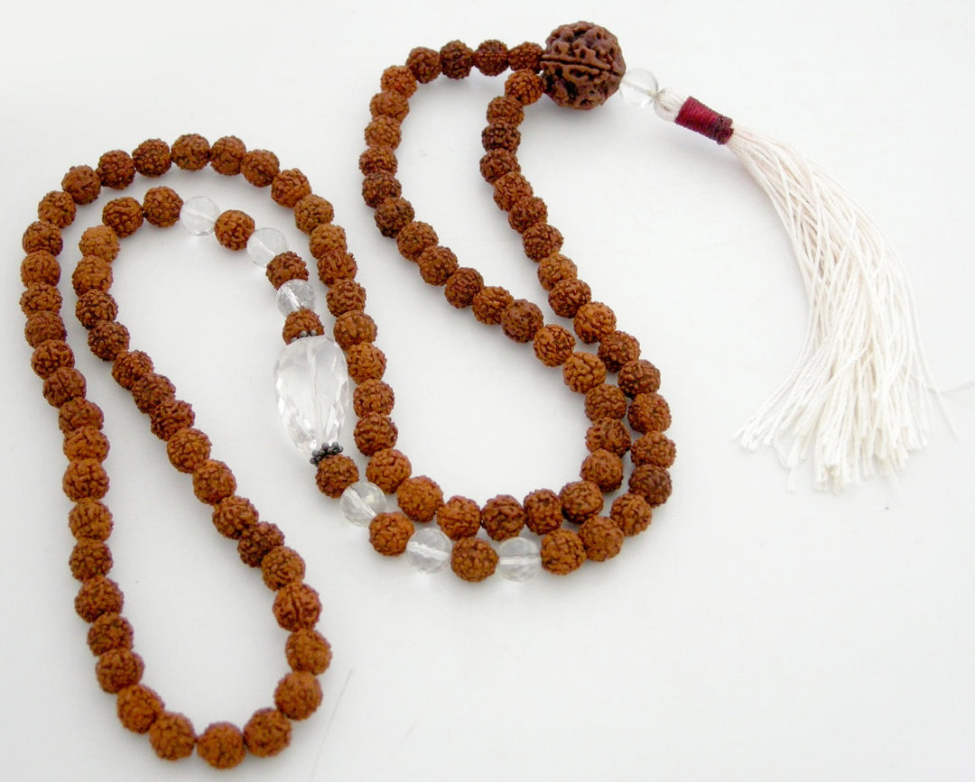 Rudraksha Beads and Sphatik Crystal ( Quartz ) Diamond Cut Gemstone Beads Healing Mala Necklace with 5 ( Paanch / Five ) Mukhi Rudraksha Bead as Sumeru | 108 Beads Chakra Mala Rosary 
